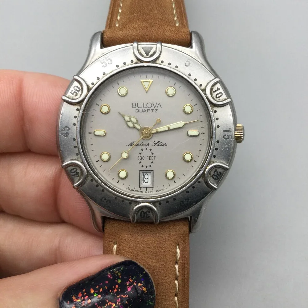 Vintage Bulova Marine Star Mens Diver Watch 36mm Silver Tone Leather New Battery